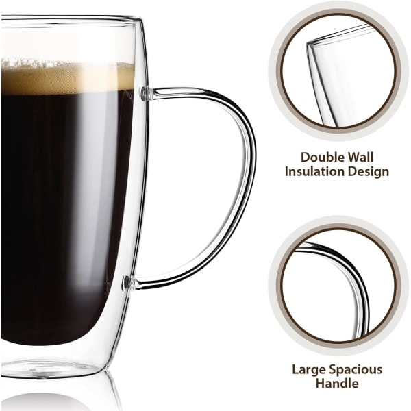 2 kpl 450 ml espressokuppeja kahvoilla, espressoshot-lasit, läpinäkyvät espressokahvikupit, kaksoisseinämäiset eristetyt