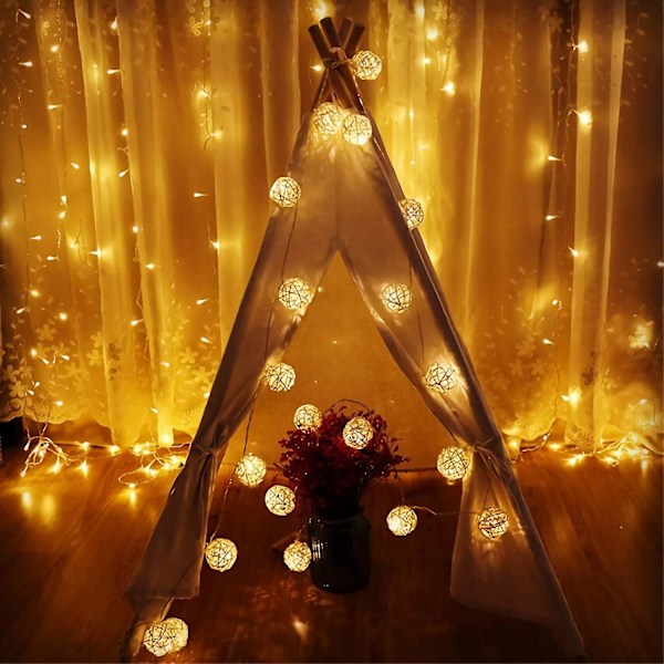 Batteridrivna 20 LED-ljusslingor, 8,2 fot 20 Globe Rattan Bollar Julbelysning, Inomhus Fairy String Lights Dekorativa för Sovrum Fest Bröllop