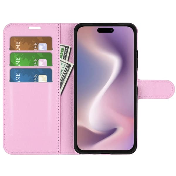 iPhone 16 Cover Litchi Tekstur Læder Lyserød