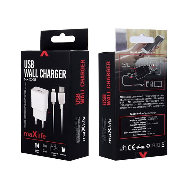 Maxlife iPhone-laturi MXTC-01 1A USB-ulostulolla ja Lightning-kaapelilla