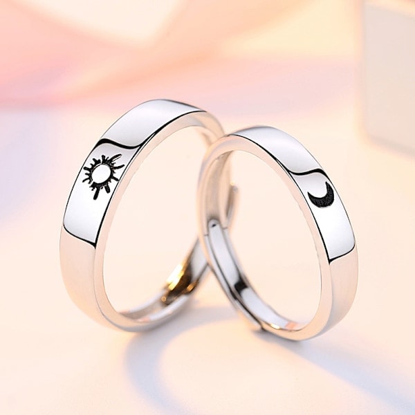 1 Par Justerbara Parringar Sterling Silver Rund Graverad Måne Sol Förlovningsringar Silver