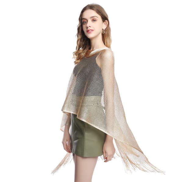 Sommerponcho for kvinner med solbeskyttelse og pomponger, lys gullglitrende