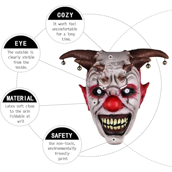 Latex Klovnemaske, Realistisk Maske, Halloweenmaske, Dyrehovedmaske, Kostumetilbehør til Voksne, Egnet til Halloween, Kostumefest, Karneval