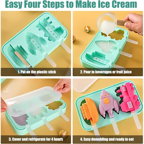 2 Pack Silicone Ice Cream Molds Reusable BPA Free Popsicle Molds with Spill Proof Lids and 12 Sticks, (Animal＋Sea, Land, Air Pattern）
