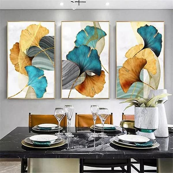 Blå Grön Guldfärgad Blad Växt Blomma Canvas Poster Abstrakt, c