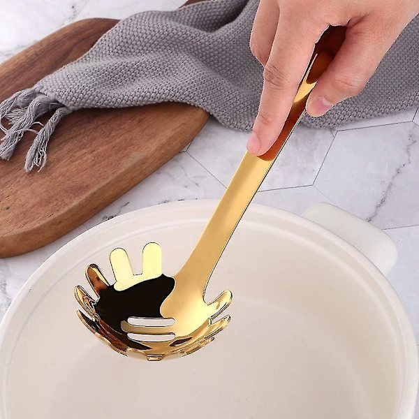 Pastaske af rustfrit stål: Spaghetti Server Gaffel & Nudelske - Metal Pastaklo til madlavning i køkkenet (Guld)