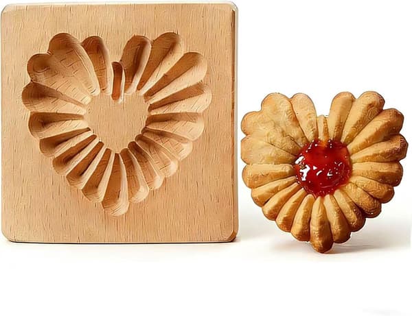Kakeform i tre, solid bøkegravert blomsterrelieffform for baking og deigdekorasjon, naturlig tre, 10 x 10 x 2 cm