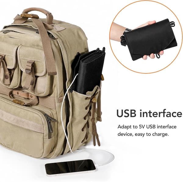 Bærbar solcelleoplader, 20W udgang, 5.2V 2A, 2 USB, foldbar, IP65, sort