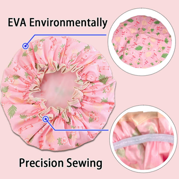 Double Layer Shower Cap for Women, Elastic Band Reusable Hair Shower Cap, Suitable for Long, Short and Curly Hair (Pink Flamingo)