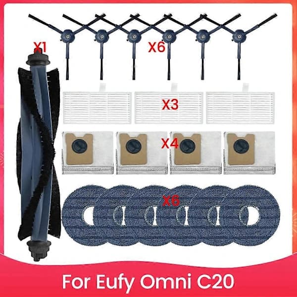 Tilbehørssæt til Eufy Omni C20 robotstøvsuger, hovedbørste, sidebørste, Hepa-filter, moppeklud, støvpose som vist As Shown