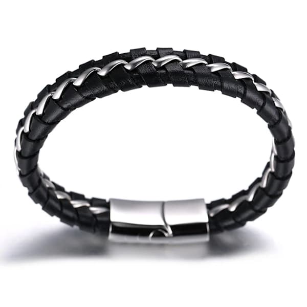 [PL】 Drenge Børn Ægte Læder Armbånd Sort.titan Sølv Kæde Magnetlås 7 \"/18cm