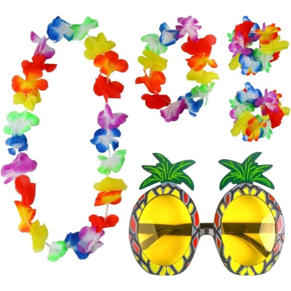 Ananas solbriller & 4 stk hawaiianske lei blomsterkranser utkledningssett for tropisk hawaiiansk luau-temafest