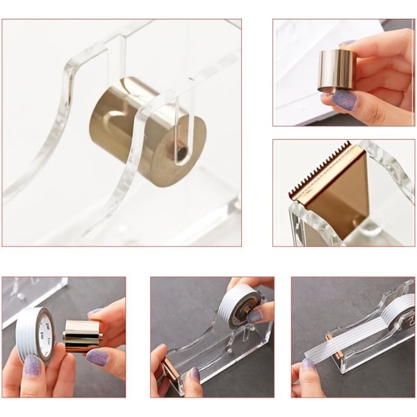 Skrivbordsremsa i roséguld, transparent tejpdispenser, akryl halkfri tejpskärare, robust tejpdispenser