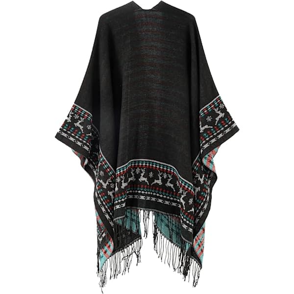 1 stk. Sort Fleece Poncho Dame Kappe Retro Åben Kvinde Vinter