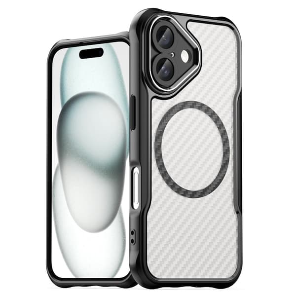 iPhone 16 Cover MagSafe Kulfiber Tekstur Hybrid Sort