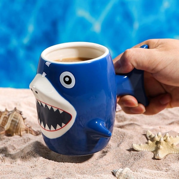 Hajkrus, Hajkaffekrus, Sjov 3D Dyrekrus, Hajmorgenmadskrus, Hajkeramisk Krus, med Fiskehalegreb, 450 ml