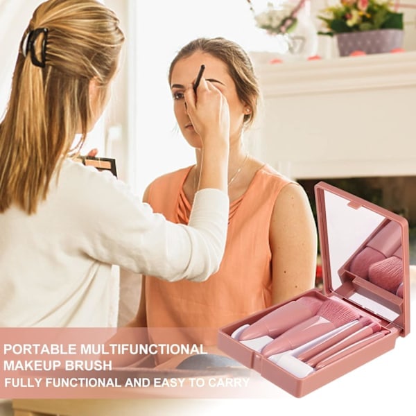 5 stk. Bærbare Makeupbørster, Premium Syntetisk Børste med Spejlboks Makeupbørstesæt til Rejser Daglig Date Scene Retouchering