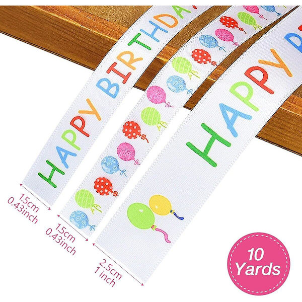 3 ruller Happy Birthday-bånd, 3/5\" og 1\" bredt bursdagskakebånd hvitt sateng polyesterbånd