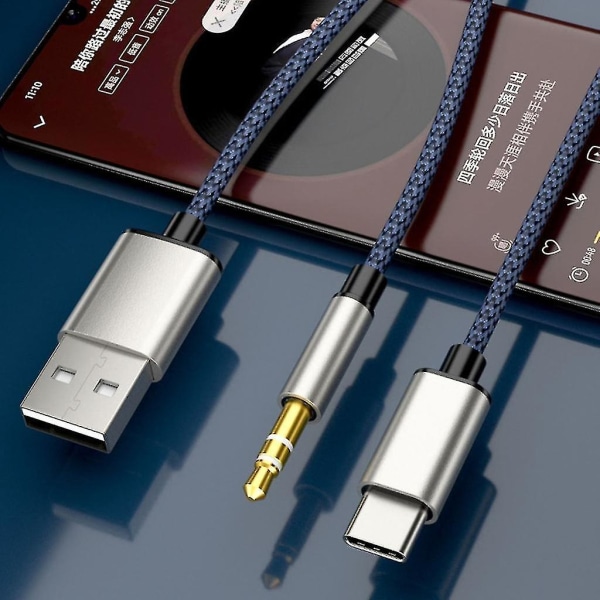 2-i-1 typ-c billjudkabel 1 delad 2 typ C till USB A 3,5 mm aux sladd linje blå