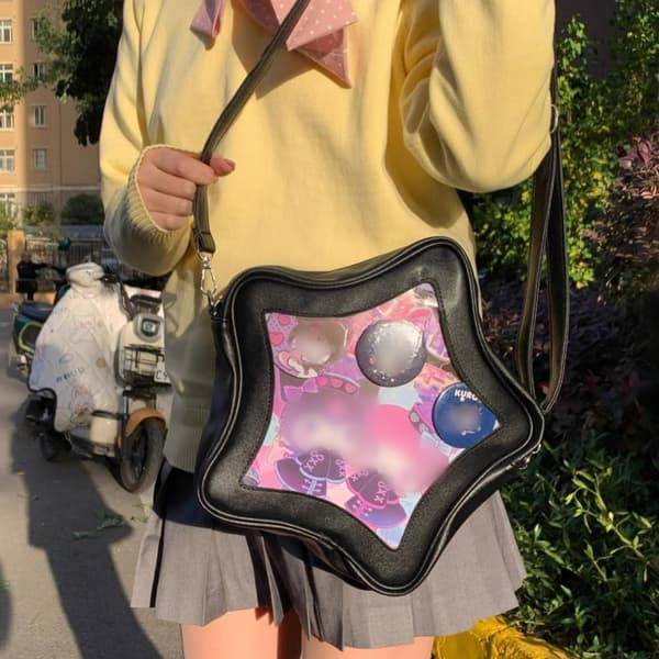 Stjerneformet Ita Taske Sort - PU Læder - Pin Display & Flere Bæremåder - 30cm×27cm×8cm