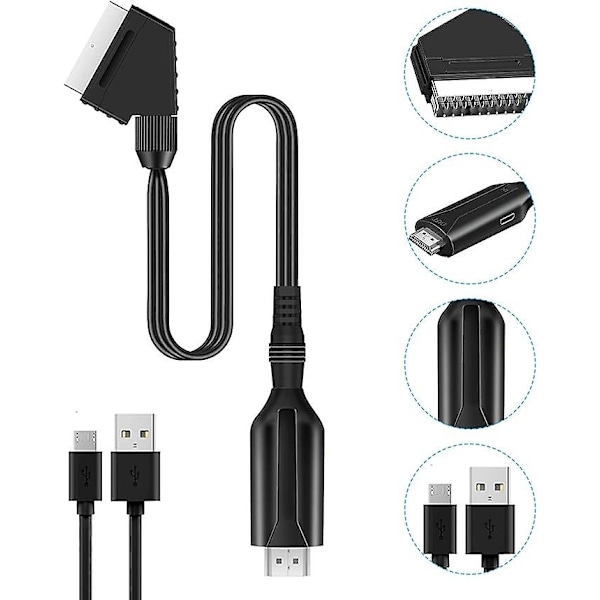 SCART till HDMI-adapter, SCART till HDMI-konverterare med HDMI-kabel för 720P/1080P Full HD-TV, ljud och video för Blu-ray DVD-spelare STB VHS Xbox PS3