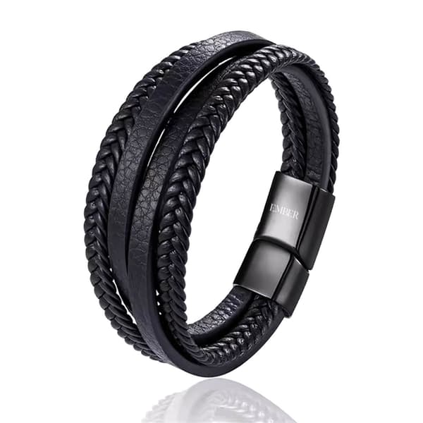 Flettet læderarmbånd til mænd, ægte sort læder, magnetisk lås i rustfrit stål, justerbart, gave til far, mand, bedstefar