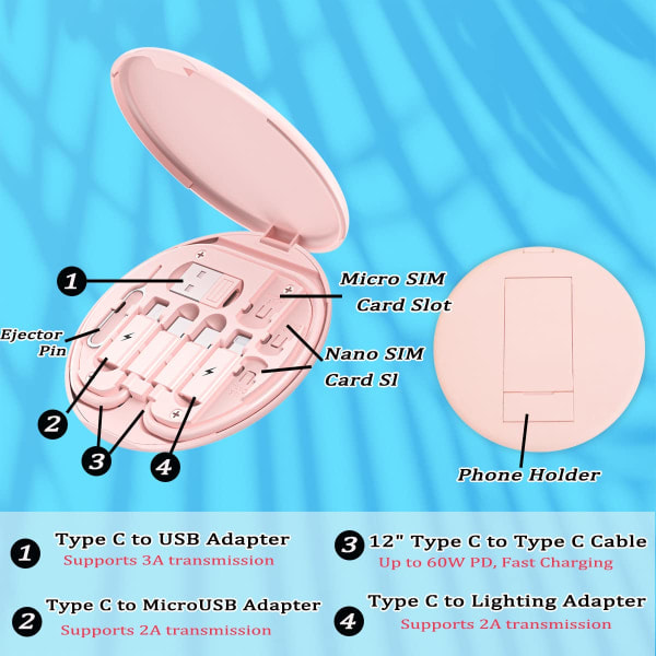Multi USB Laddningsadapterkabelset, USB C till Lightning Adapterbox (Rosa) rosa