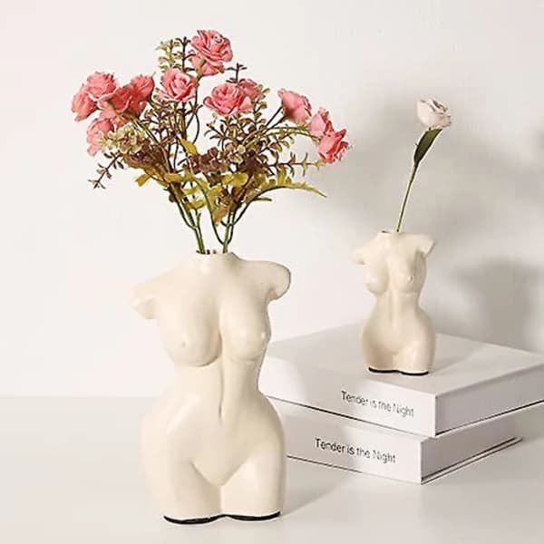 {PL}Kropsvase til badeværelsesindretning, Boho Blomster, Vase til minimalistisk, eklektisk, toiletskabsindretning, beige, kropsformet