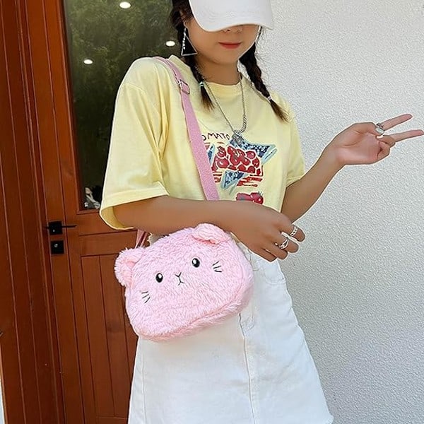 Liten Plyschväska för Flickor, Mini Prinsessväska, Katt Axelremsväska för Flickor, Rosa Justerbar Axelrem, Messenger Bag, 19x15x5cm
