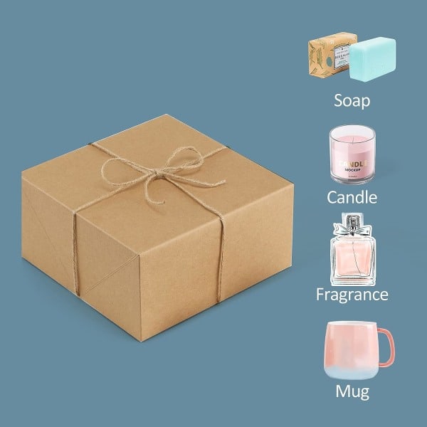 Premium presentförpackningar 10-pack 20,3 x 20,3 x 10,2 cm bruna papperspresentförpackningar med 20 meter hampasnöre för julklappar