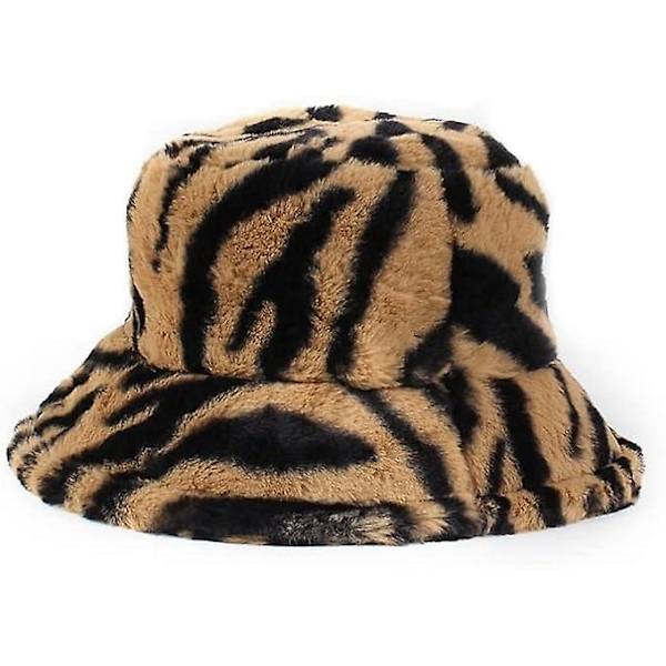 Fuzz Bucket Hat för Kvinnor, Vinter Faux Bucket Hat Svart Ull Fluffig Plysch Bucket Hat Tjock Fiskehatt Randig Khaki och Svart One Size för Alla