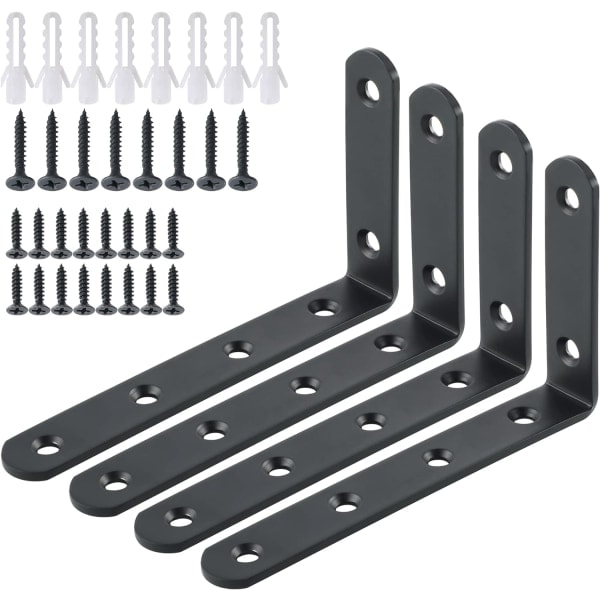 Vægmonterede hyldeknægte i metal, stemplede hjørnebeslag til ophængte hylder, 125 mm x 75 mm, sort finish, 4-pak