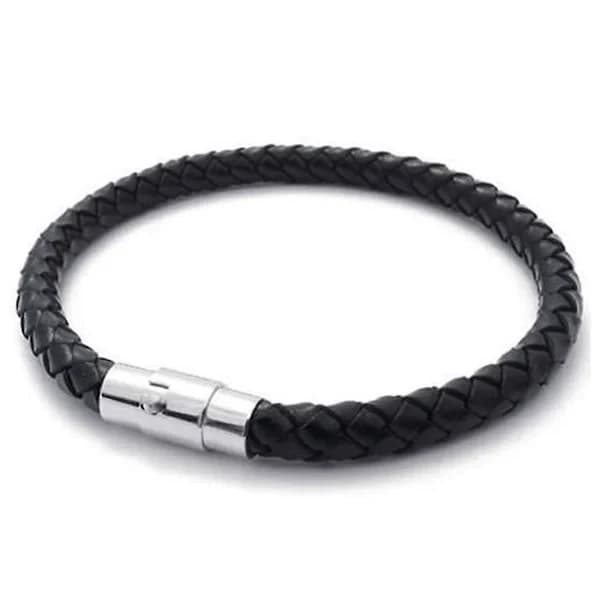 Armbånd i rustfrit stål og flettet læder, til mænd og kvinder, sort - Bredde 6 mm - Længde