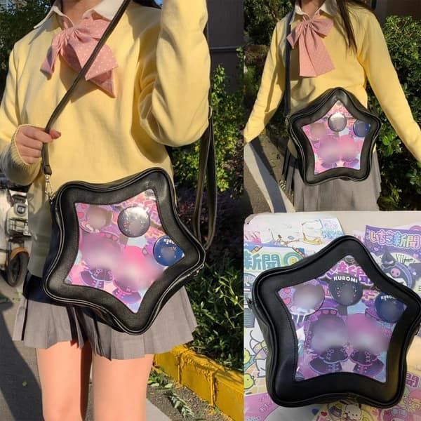 Stjerneformet Ita Taske Sort - PU Læder - Pin Display & Flere Bæremåder - 30cm×27cm×8cm