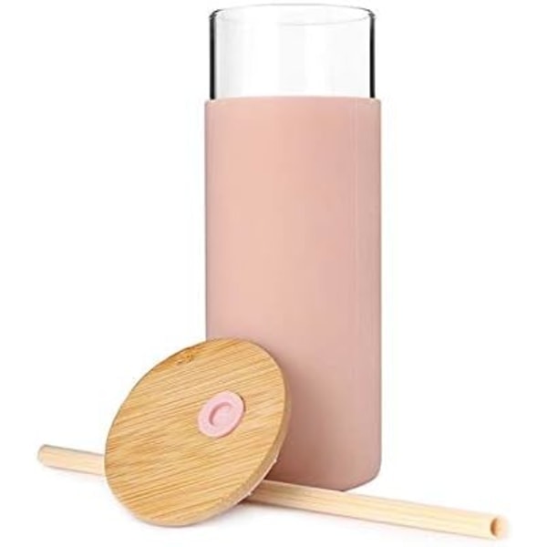 17Oz Glasmugg Bärbar Glasvattenflaska Sugrör Silikonskydd Bambulock