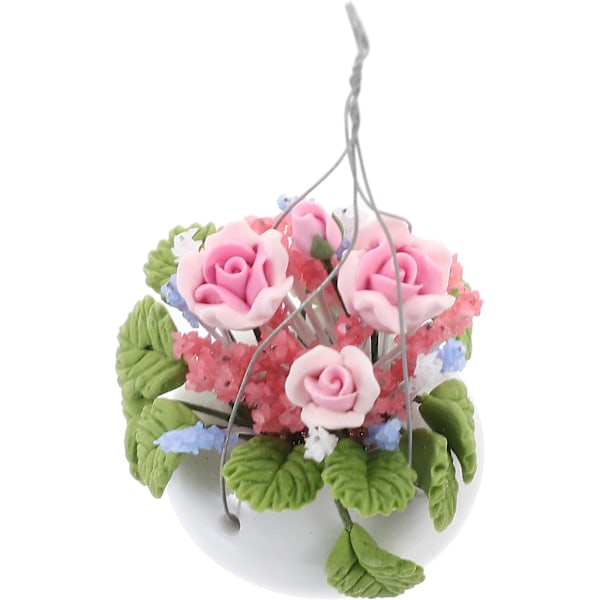 1 st 1/12 Minihus Krukdekoration Mini Rosa Rosor Hängande Korg Blomsterarrangemang Modell för Heminredning (Rosa+Grön)