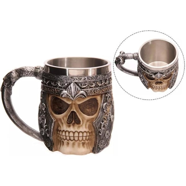 Rustfri Stål Indvendig Tankard til Vand, Te, Øl, Kaffe, Drikkevarer (3D Kranie Mønster)