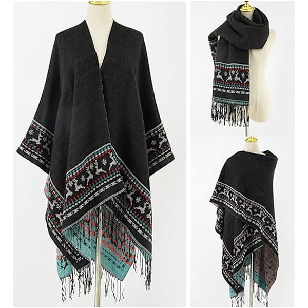1 stk. Sort Fleece Poncho Dame Kappe Retro Åben Kvinde Vinter
