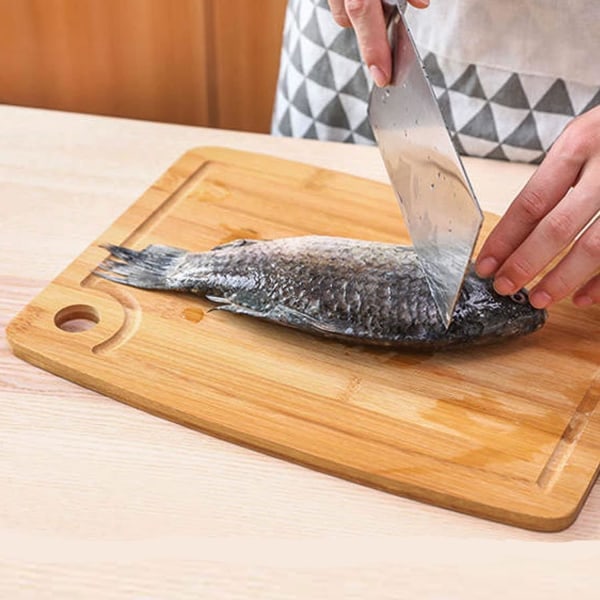 Skärbrädor i trä, bambuskärbräda med djupa saftspår & krok