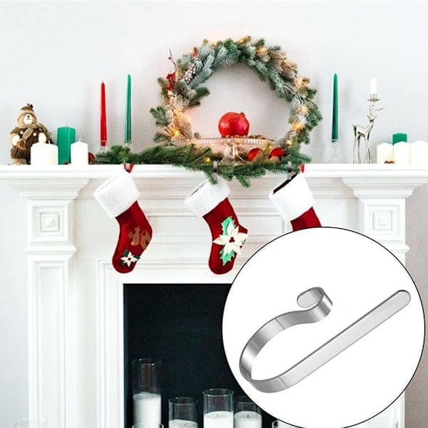 4 st Julstrumphållare, Spishällskrok, Metallhängande Krok Passar för Julgran, Öppen Spis, för Julfester (Silver)