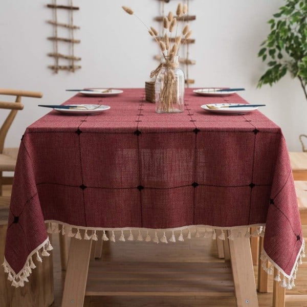 Lin duk i bomull og lin, støvtett duk for festbord, kjøkkenbord (rød, firkantet, 55 x 55 tommer)