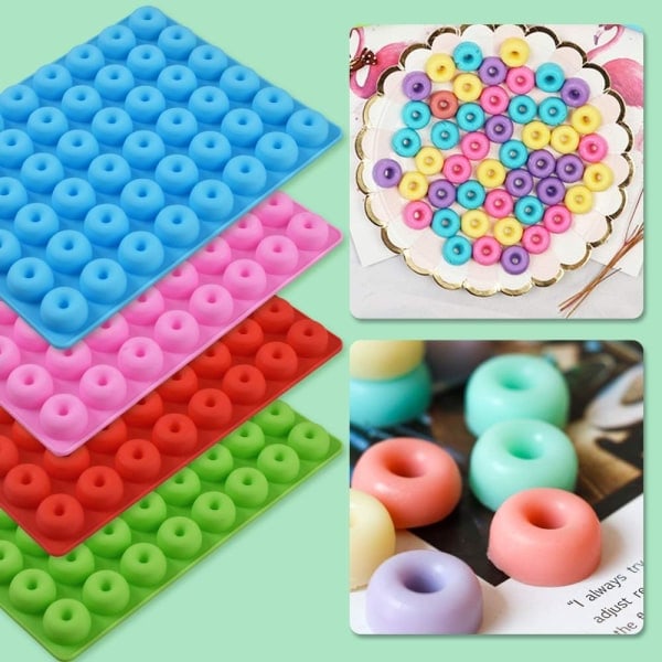 Newk Donut Candy Silikonimuotti, 4 kpl 48-reikäinen kumimuotti 2 tipalla, tarttumaton elintarvikelaatuinen muotti (vihreä + sininen + punainen + pinkki)