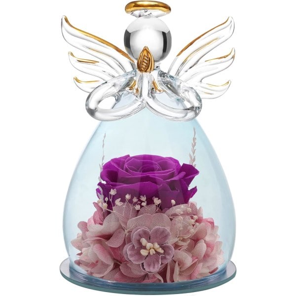 Rosblomma födelsedagspresent till kvinna mamma mormor fru, glasängel figurin present med vackra lila blommor jul