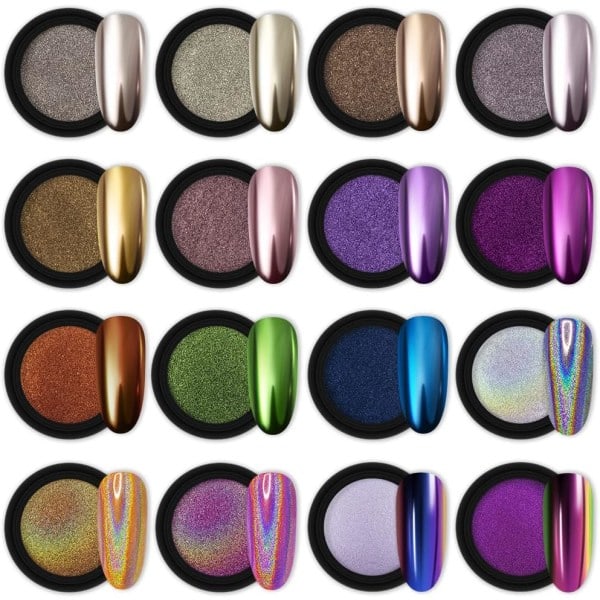 16 burkar krom nagelpulver nagelkonst glitter dekoration metallisk spegeleffekt holografisk aurora kameleont pigmentpulver 1g/burk pärla