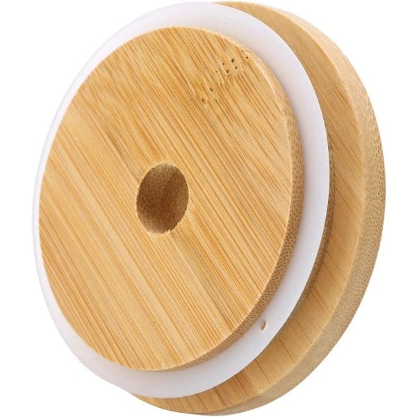 4-pack 86 mm breda bambulock med sugrörshål, återanvändbara bambulock, läckagesäkra glasburkslock för konservering och dryck