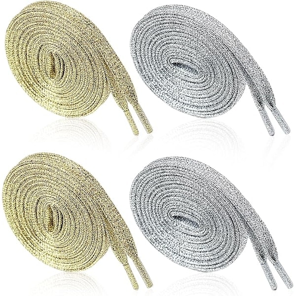 4 par glitter skosnören, guld och silver glittriga skosnören, platta skosnören i polyester, passar sneakers, skor, 110 cm + 140 cm