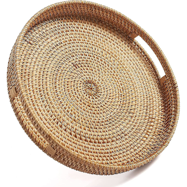 Runde serveringsbakker med håndtag til ottomansk flettet sofabordsbakke dekorativ til køkken og hjem naturlig
