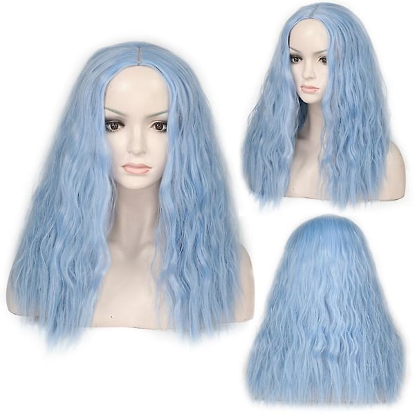 Lyseblå Parykk for Kvinner Syntetisk Cosplay Parykk for Halloween Kostymefest Blå Krøllete Bølgete Parykker Fargede Parykker for Jenter