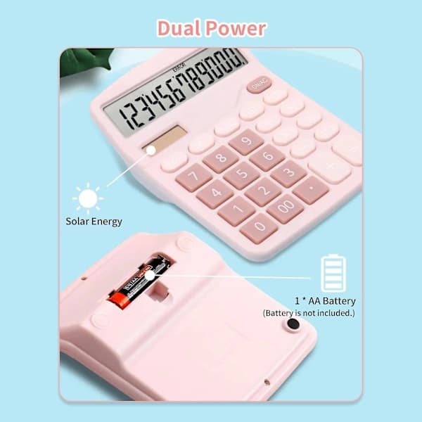 [PL】Bordregner Standardfunktion med 12-cifret Stort LCD-display Solcelle & Batteri pink