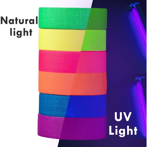 6 färger Neon Gaffer Cloth Tape, Fluorescerande UV Blacklight Glow i